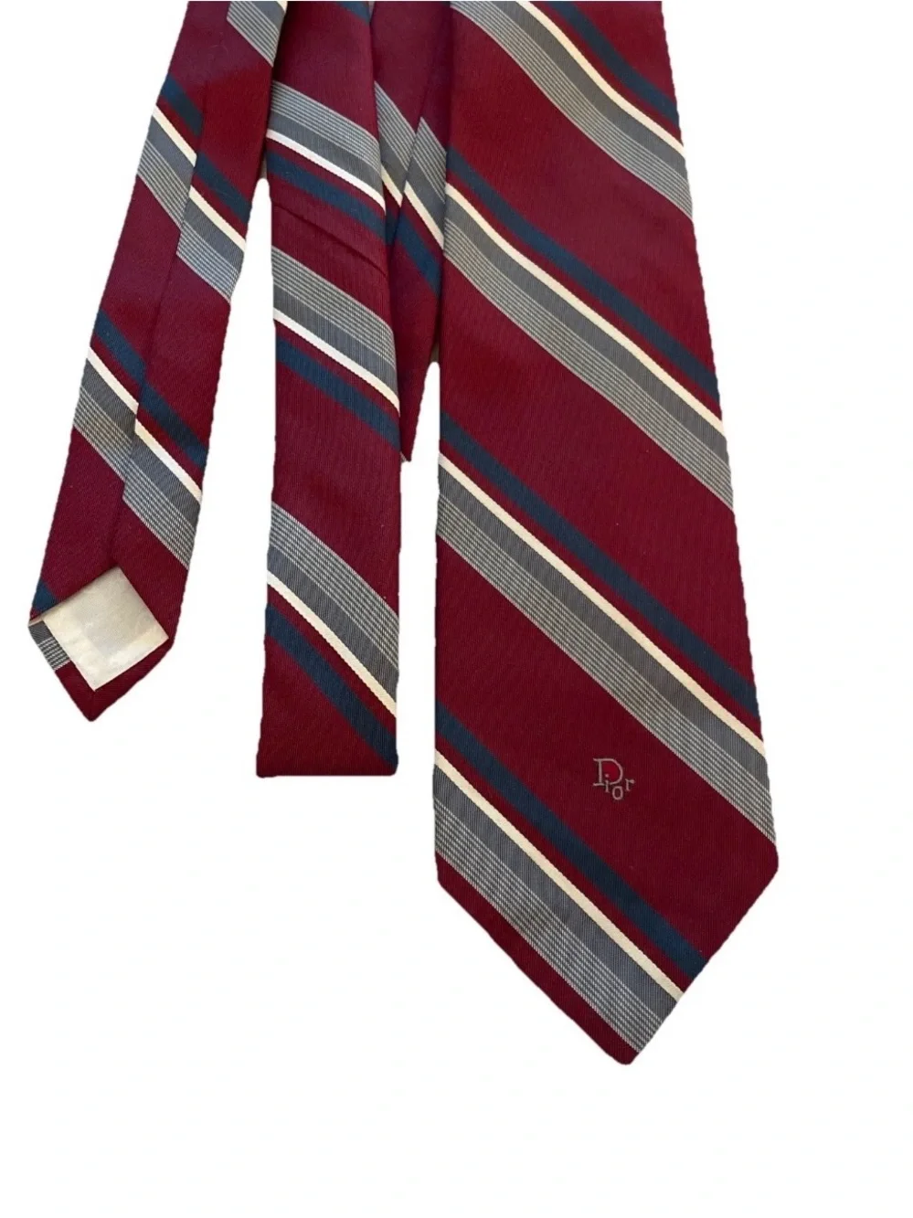 VTG Christian Dior Men’s Necktie Maroon White Blue Stripe Logo Wording